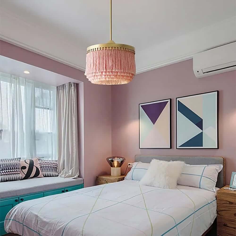 Boho Pink Tassel Pendant Light with Adjustable Hanging Rod