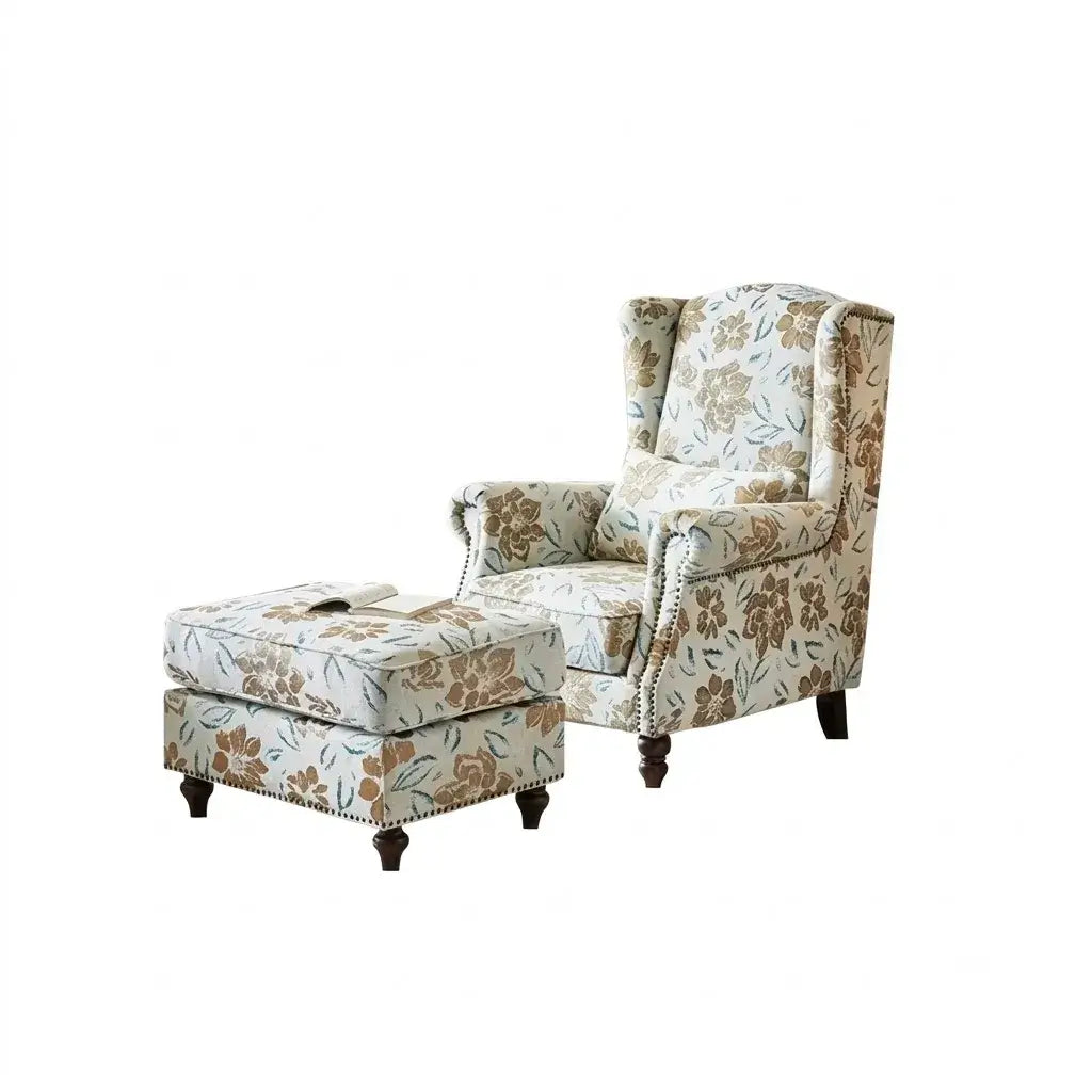 Botanical Floral Wingback Chair and Ottoman Set with Solid Wood Frame