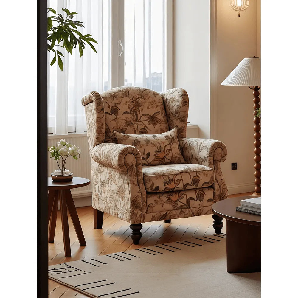 Botanical Floral Wingback Chair and Ottoman Set with Solid Wood Frame