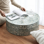 Botanical Inlay Mother of Pearl Coffee Table, Round Pedestal Accent