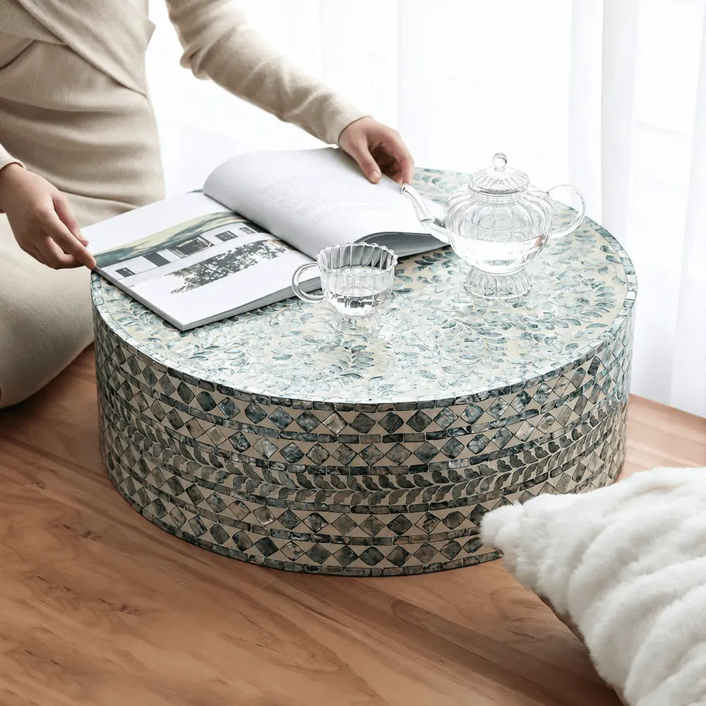 Botanical Inlay Mother of Pearl Coffee Table, Round Pedestal Accent