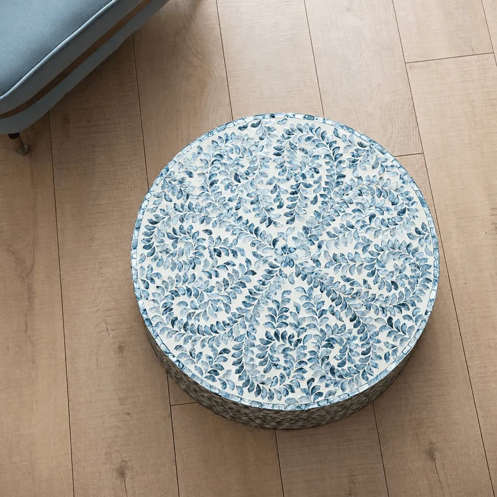 Botanical Inlay Mother of Pearl Coffee Table, Round Pedestal Accent