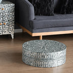 Botanical Inlay Mother of Pearl Coffee Table, Round Pedestal Accent