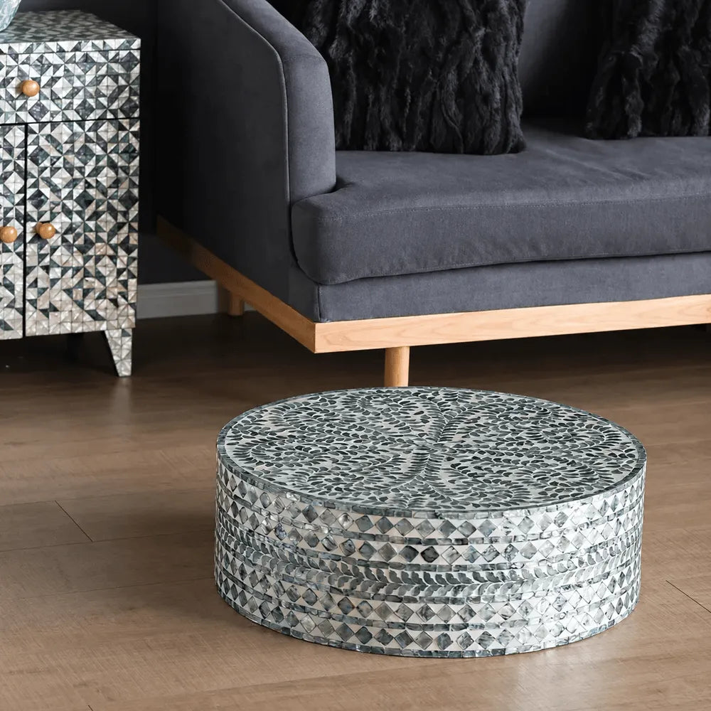 Botanical Inlay Mother of Pearl Coffee Table, Round Pedestal Accent