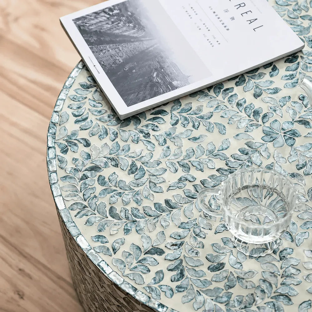 Botanical Inlay Mother of Pearl Coffee Table, Round Pedestal Accent