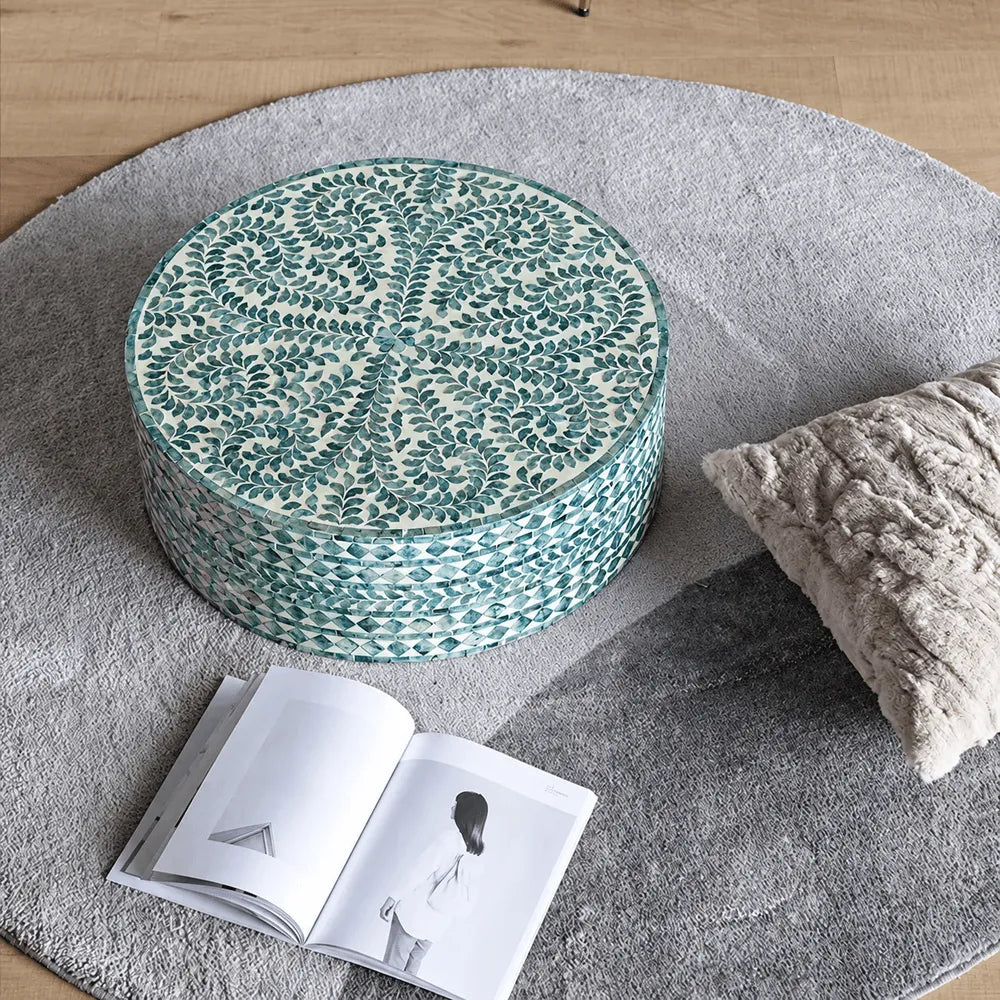 Botanical Inlay Mother of Pearl Coffee Table, Round Pedestal Accent Main Product Image