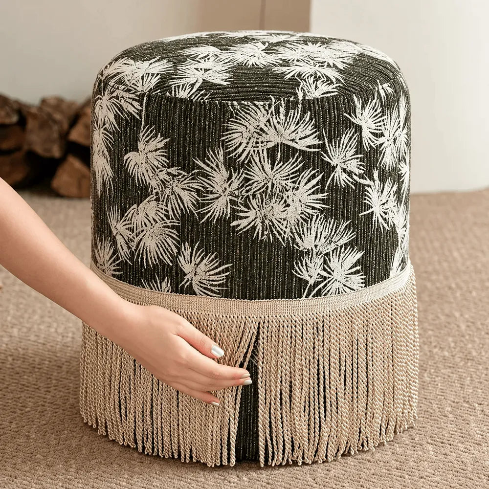 Botanical Print Tassel Round Ottoman Stool for Bedroom or Entryway
