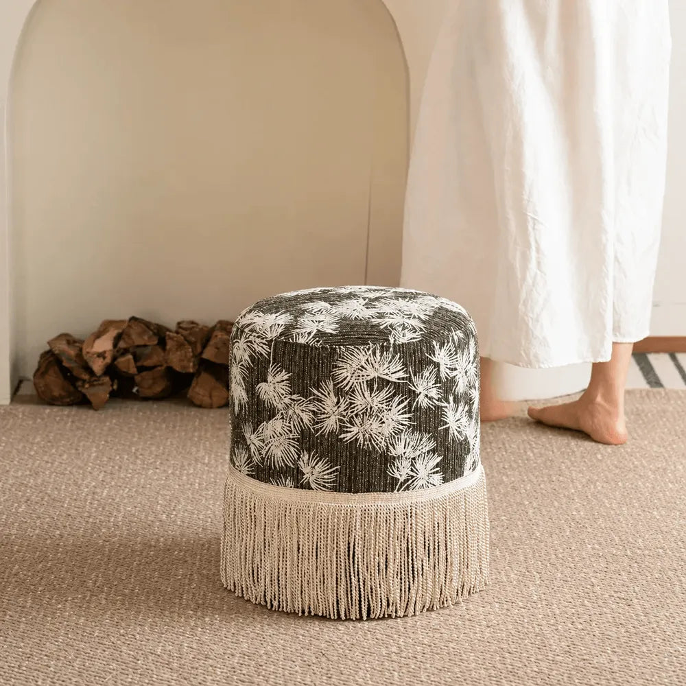 Botanical Print Tassel Round Ottoman Stool for Bedroom or Entryway