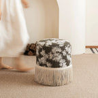 Botanical Print Tassel Round Ottoman Stool for Bedroom or Entryway
