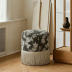 Botanical Print Tassel Round Ottoman Stool for Bedroom or Entryway