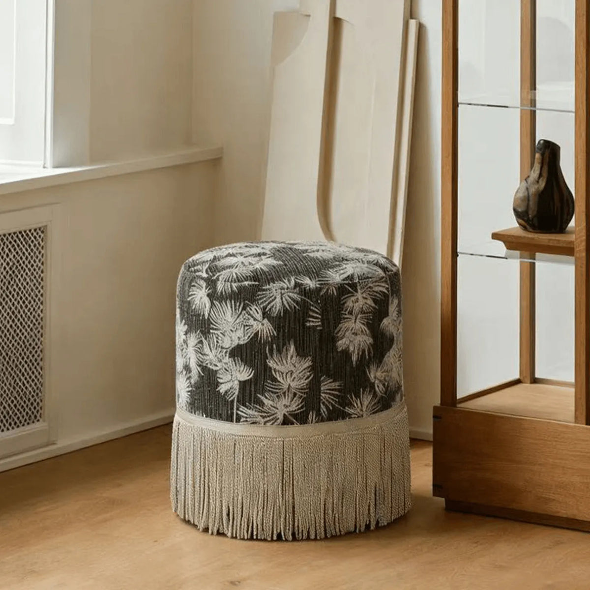 Botanical Print Tassel Round Ottoman Stool for Bedroom or Entryway