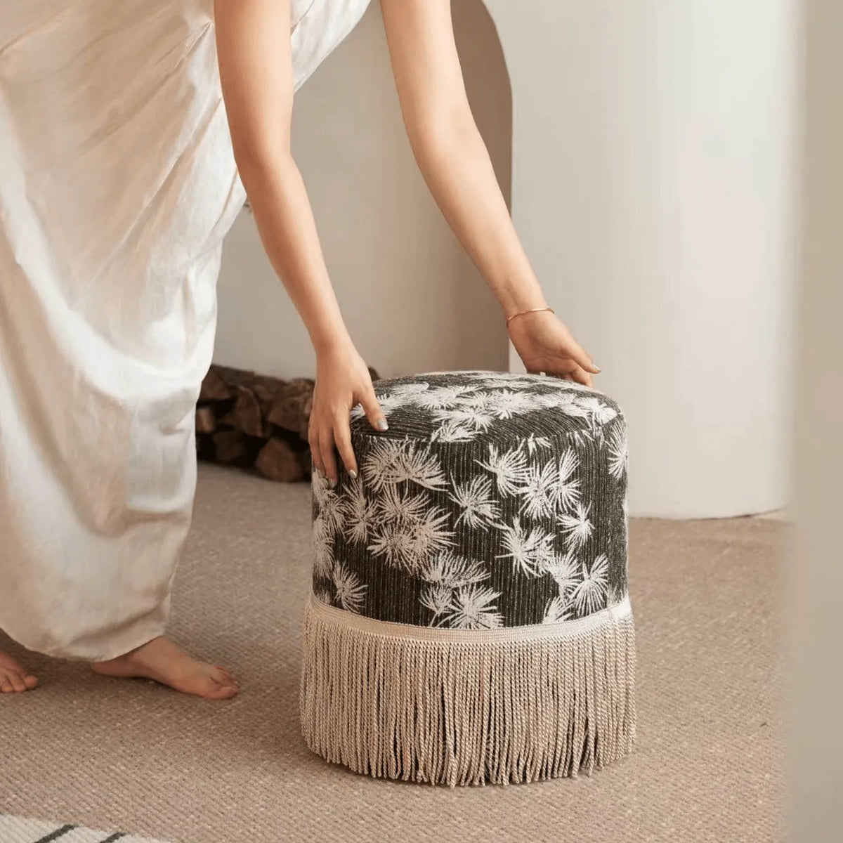 Botanical Print Tassel Round Ottoman Stool for Bedroom or Entryway