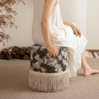 Botanical Print Tassel Round Ottoman Stool for Bedroom or Entryway