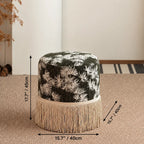 Botanical Print Tassel Round Ottoman Stool for Bedroom or Entryway Dimensions
