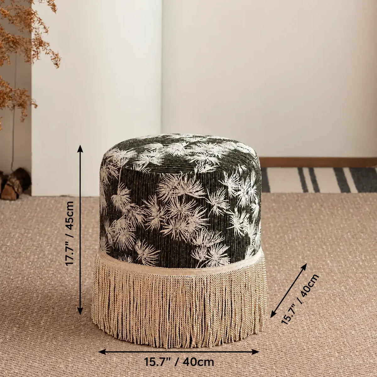 Botanical Print Tassel Round Ottoman Stool for Bedroom or Entryway Dimensions