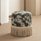 Botanical Print Tassel Round Ottoman Stool for Bedroom or Entryway Main Product Image
