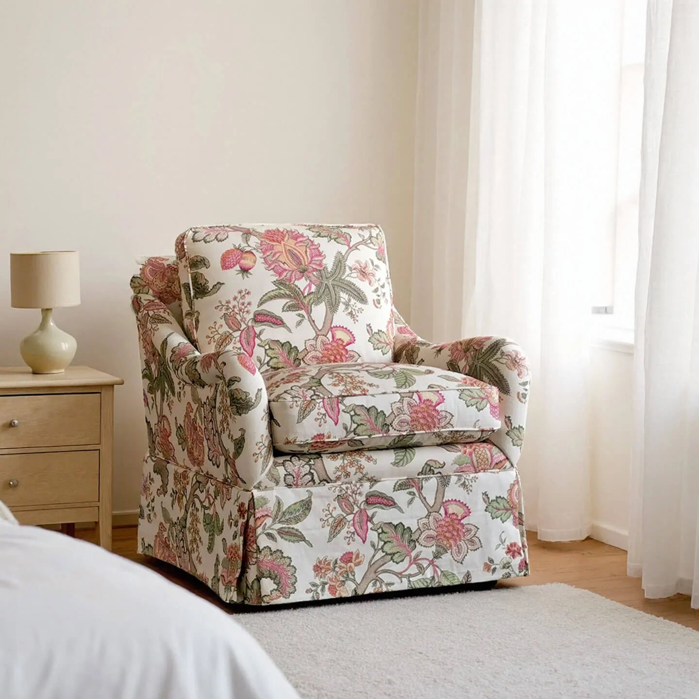 Botanical Upholstered Floral Accent Chair and Ottoman With Skirted Silhouette