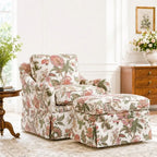 Botanical Upholstered Floral Accent Chair and Ottoman With Skirted Silhouette