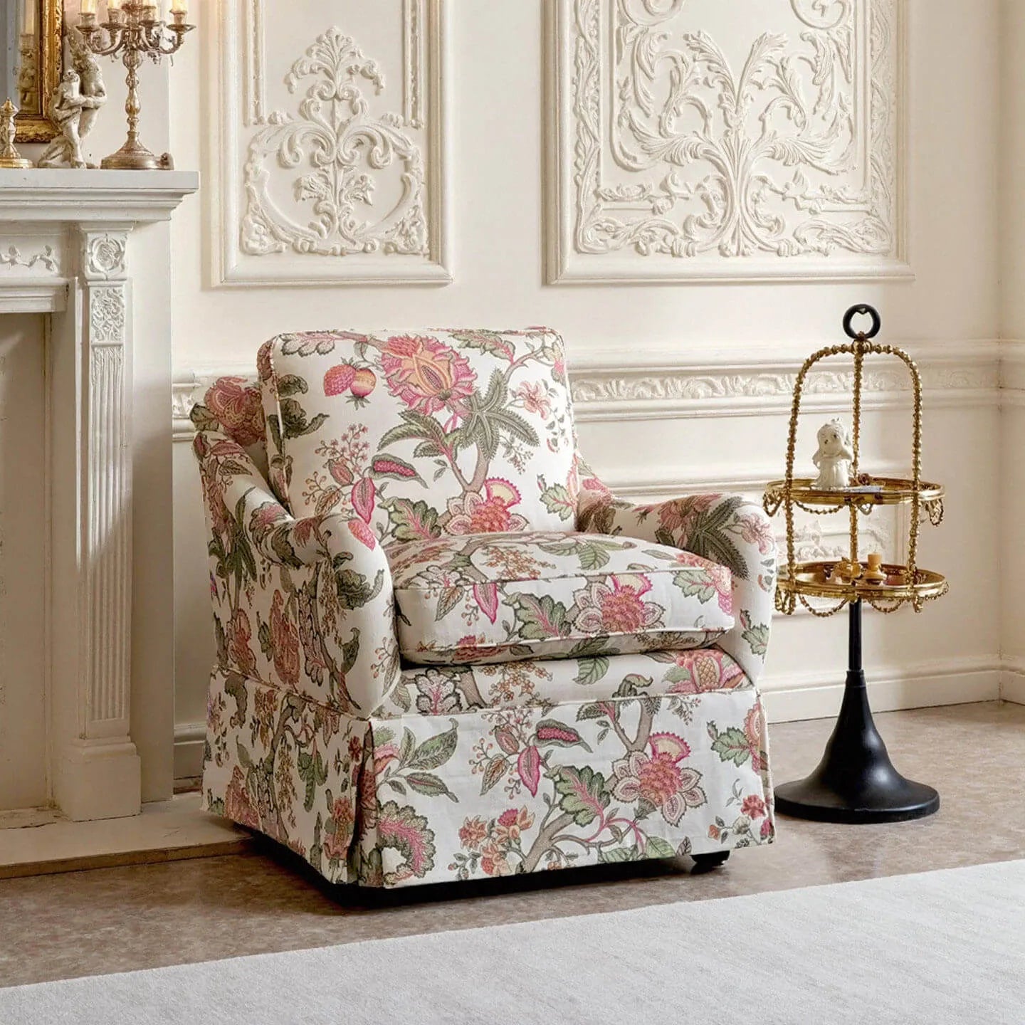 Botanical Upholstered Floral Accent Chair and Ottoman With Skirted Silhouette Main Product Image