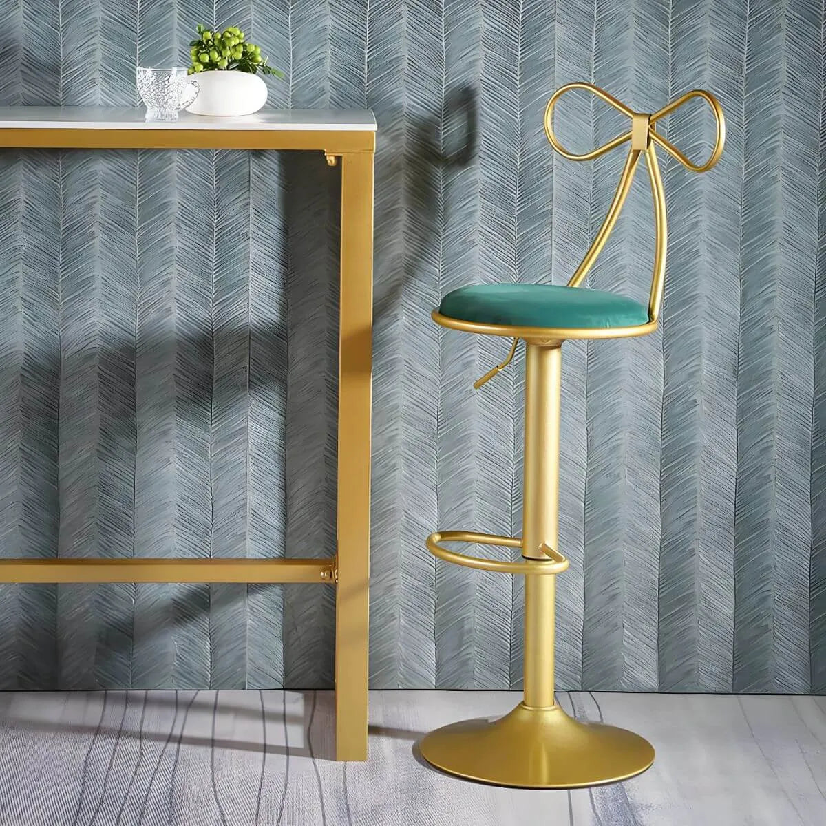 Bow Back Glam Upholstered Bar Stool with Gold Pedestal and Footrest