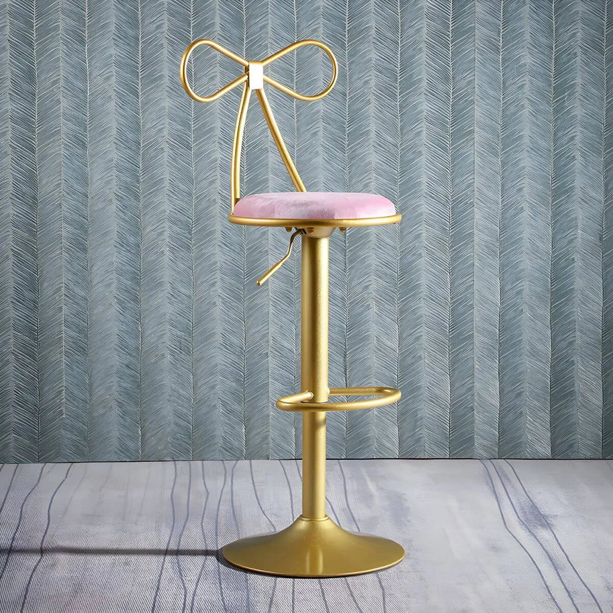 Bow Back Glam Upholstered Bar Stool with Gold Pedestal and Footrest
