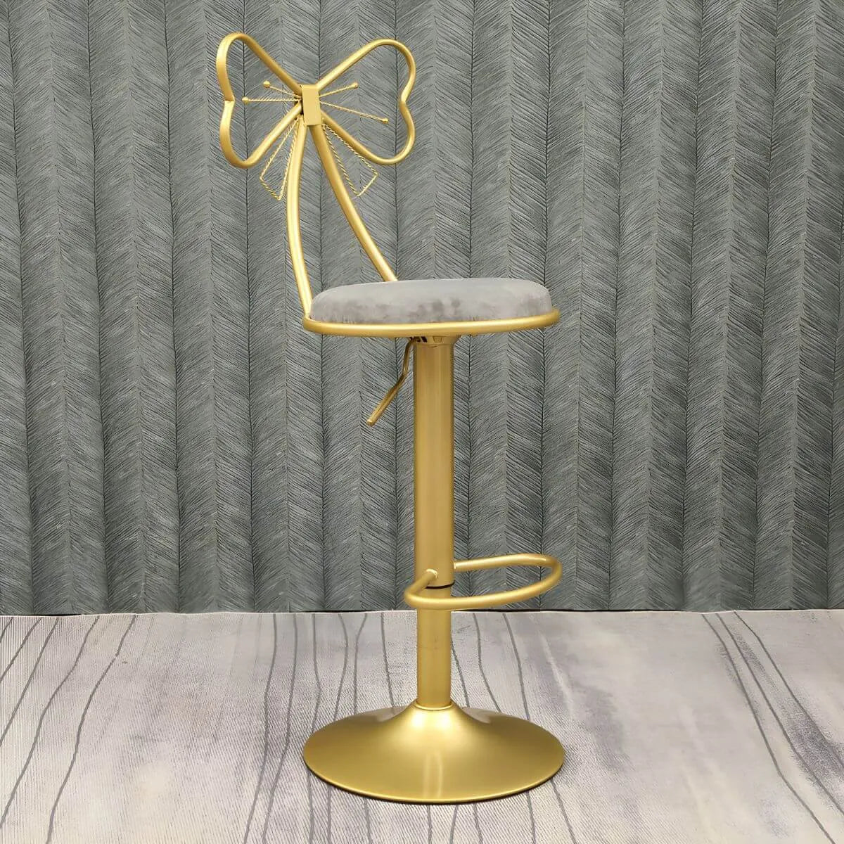 Bow Back Glam Upholstered Bar Stool with Gold Pedestal and Footrest
