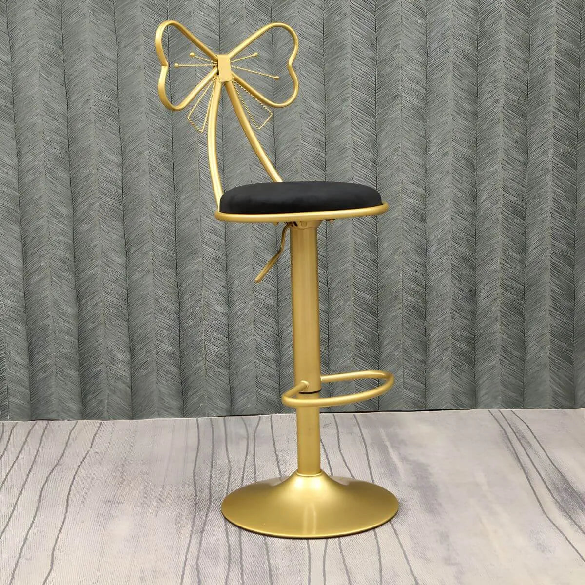 Bow Back Glam Upholstered Bar Stool with Gold Pedestal and Footrest