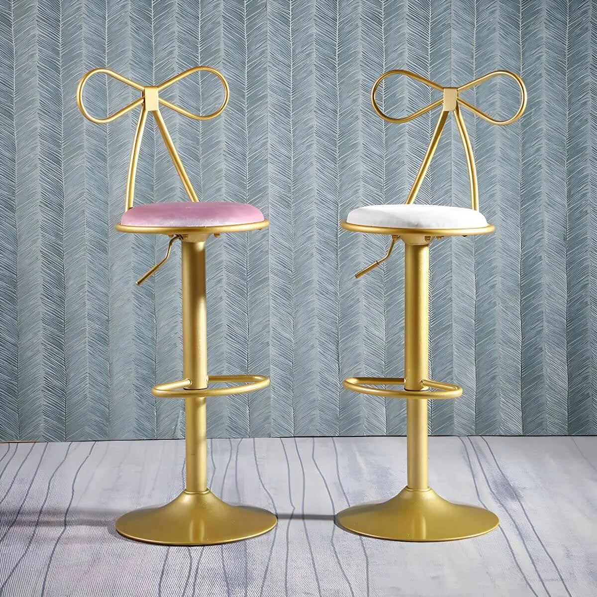 Bow Back Glam Upholstered Bar Stool with Gold Pedestal and Footrest Main Product Image