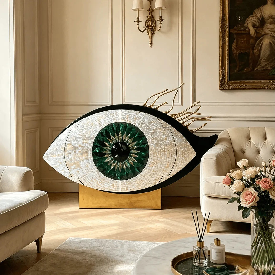 Brass-Accented Mother of Pearl Eye Motif Wine Cabinet Sculpture