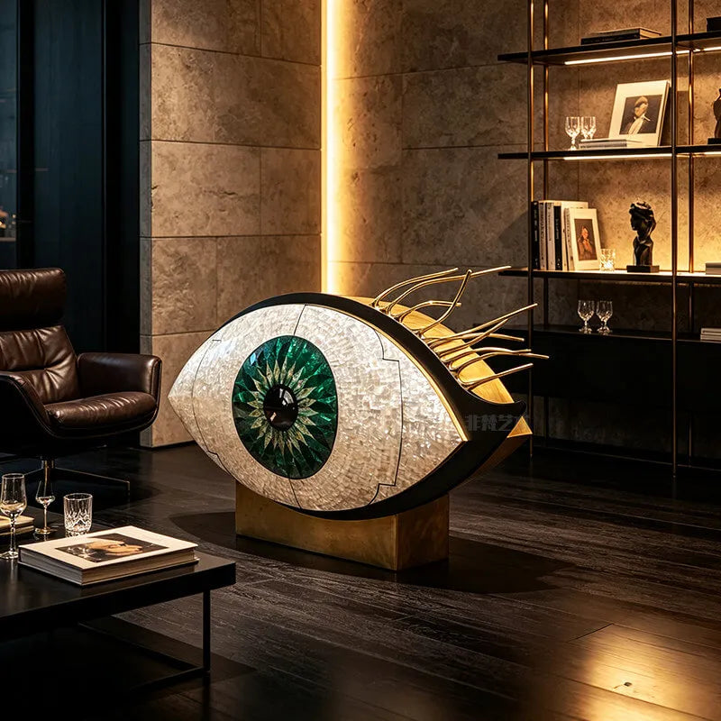 Brass-Accented Mother of Pearl Eye Motif Wine Cabinet Sculpture