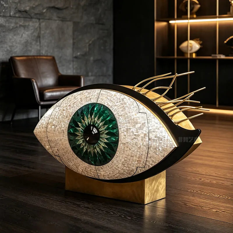 Brass-Accented Mother of Pearl Eye Motif Wine Cabinet Sculpture