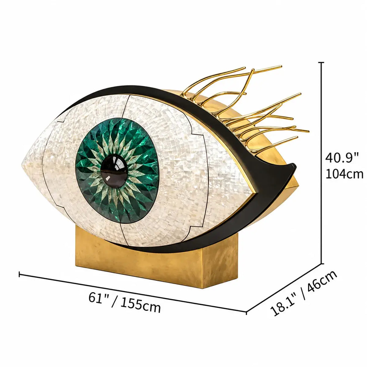 Brass-Accented Mother of Pearl Eye Motif Wine Cabinet Sculpture Dimensions