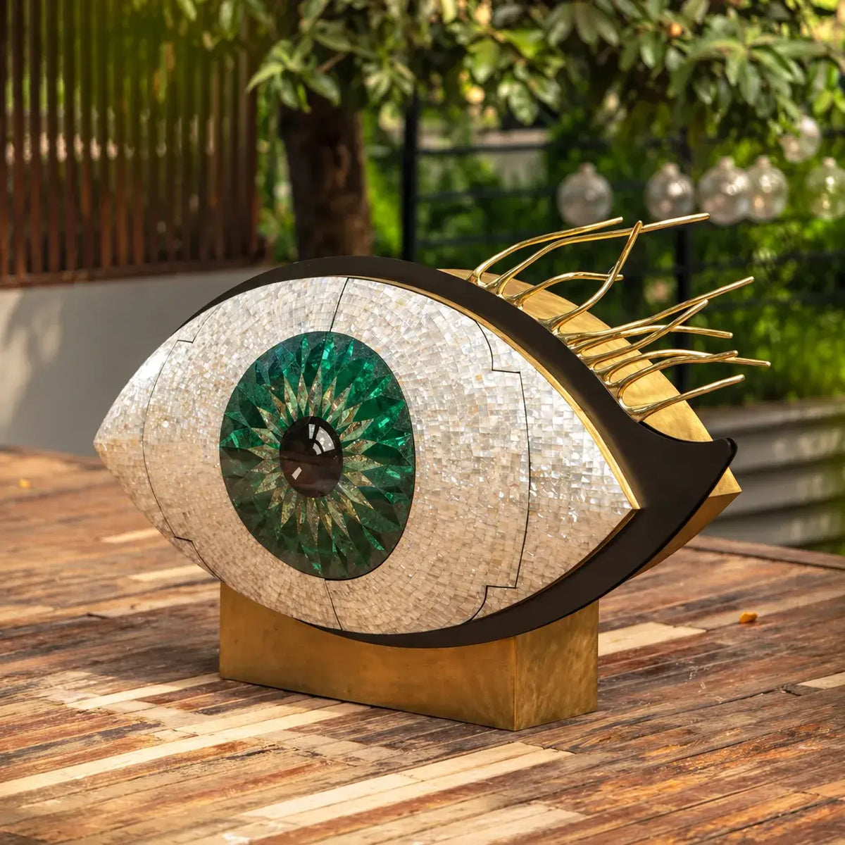 Brass-Accented Mother of Pearl Eye Motif Wine Cabinet Sculpture Main Product Image