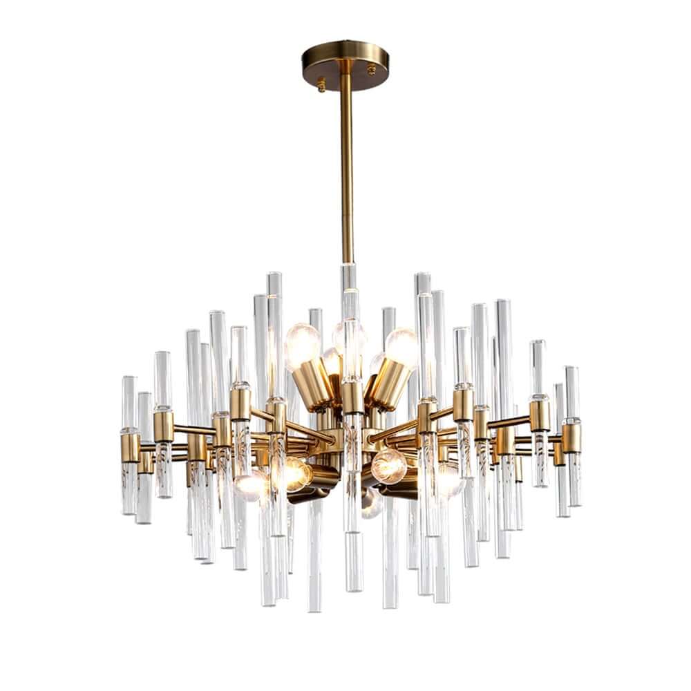 Brass and Glass 14-Light Round Chandelier with Ambient Lighting