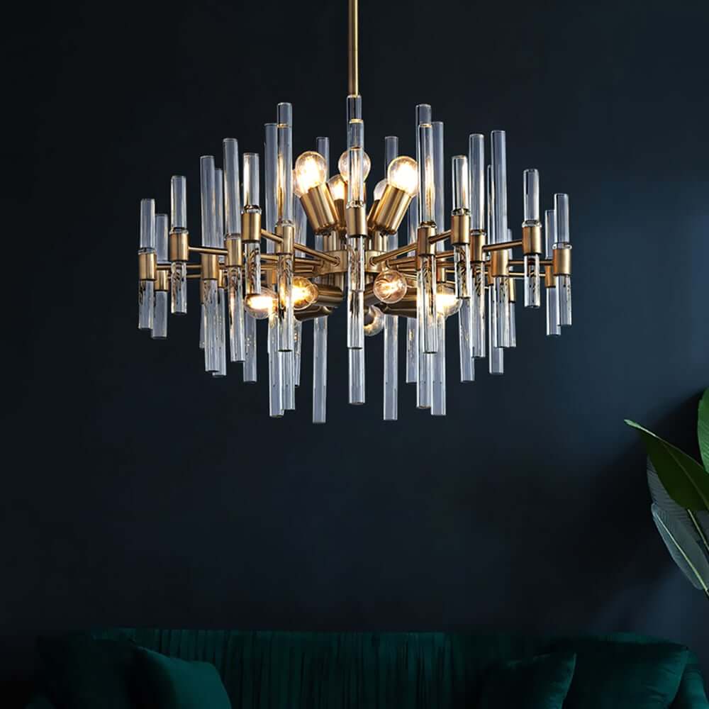 Brass and Glass 14-Light Round Chandelier with Ambient Lighting Main Product Image