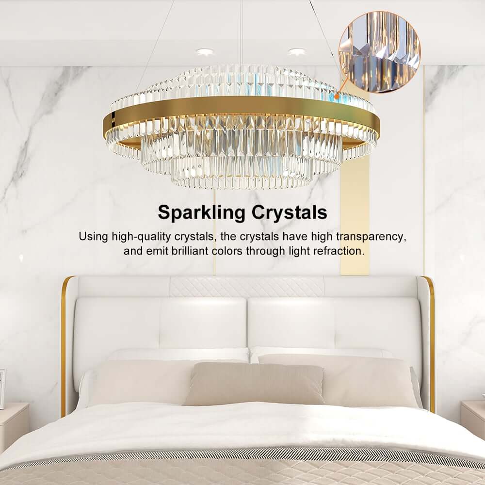 Brass Tiered Crystal Chandelier - Modern Adjustable Height Fixture