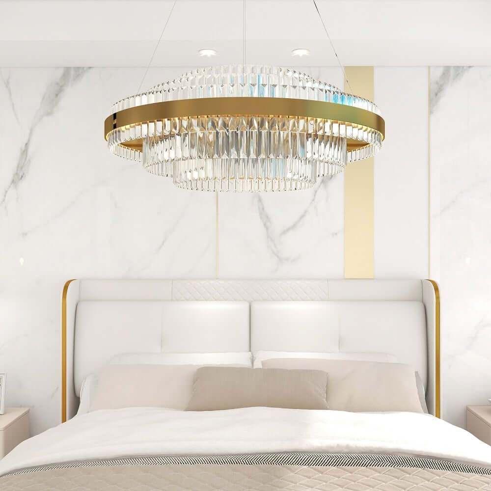Brass Tiered Crystal Chandelier - Modern Adjustable Height Fixture Secondary image