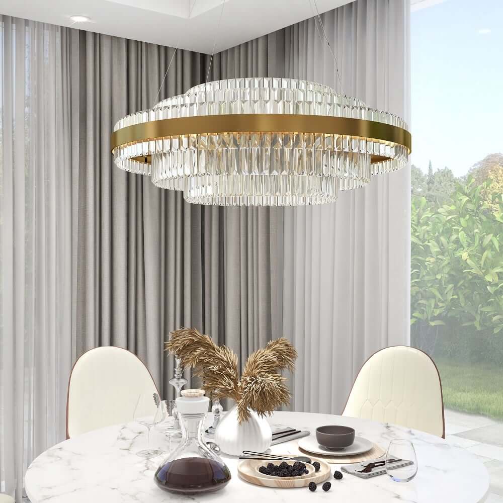 Brass Tiered Crystal Chandelier - Modern Adjustable Height Fixture