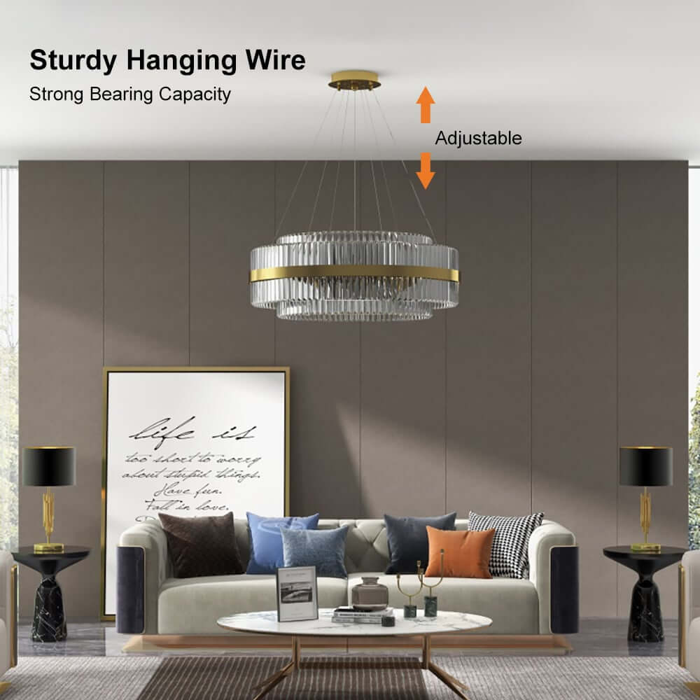 Brass Tiered Crystal Chandelier - Modern Adjustable Height Fixture