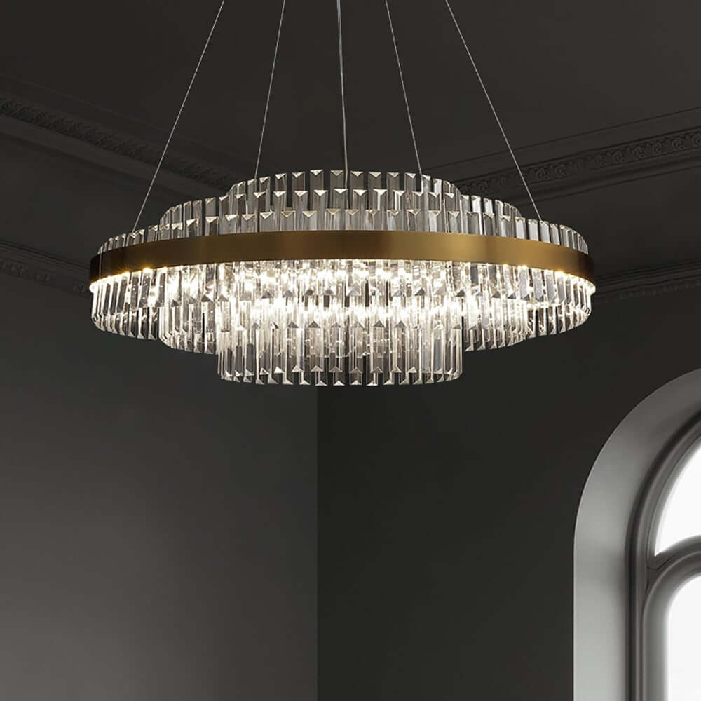 Brass Tiered Crystal Chandelier - Modern Adjustable Height Fixture Main Product Image Main image
