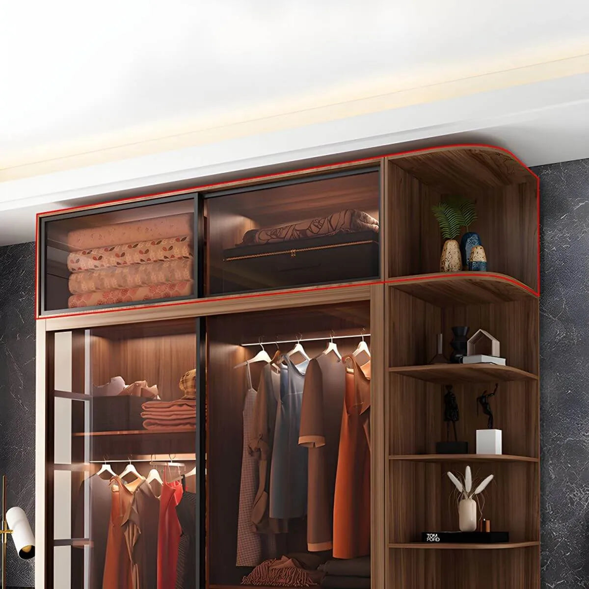 Brown Glass Wardrobe Wall With Display Shelves And Drawers