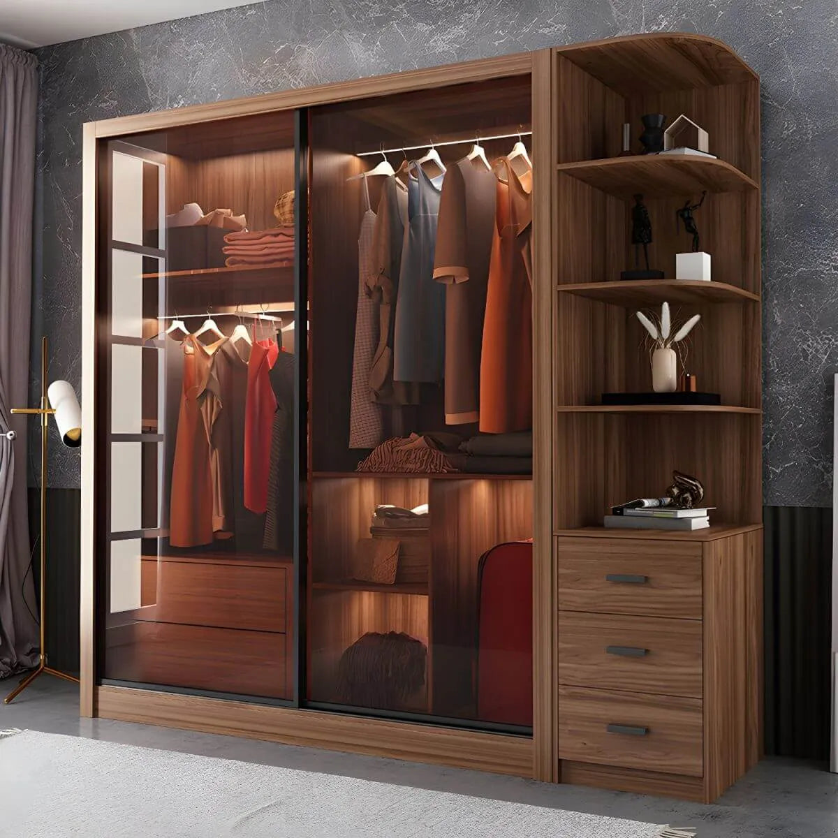 Brown Glass Wardrobe Wall With Display Shelves And Drawers