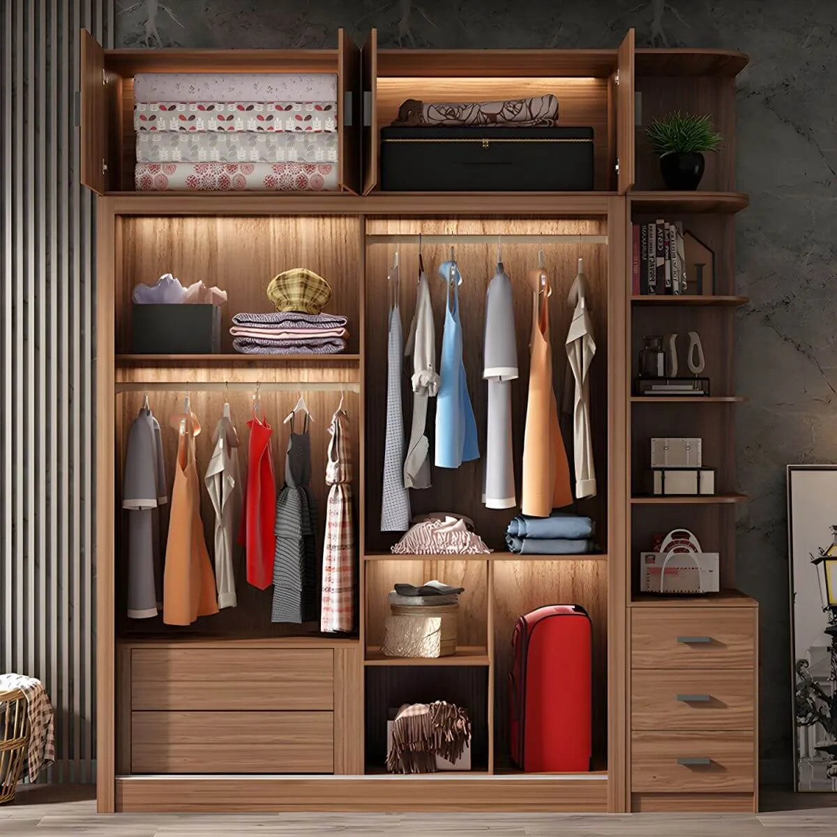 Brown Glass Wardrobe Wall With Display Shelves And Drawers