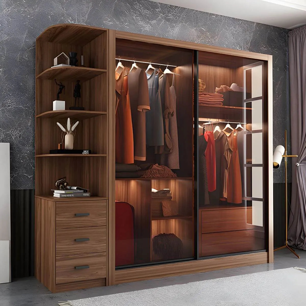 Brown Glass Wardrobe Wall With Display Shelves And Drawers