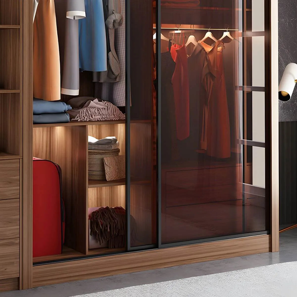 Brown Glass Wardrobe Wall With Display Shelves And Drawers