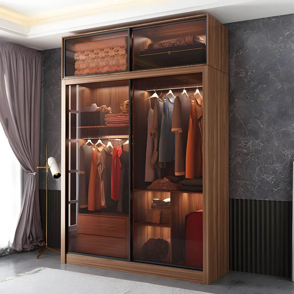 Brown Glass Wardrobe Wall With Display Shelves And Drawers