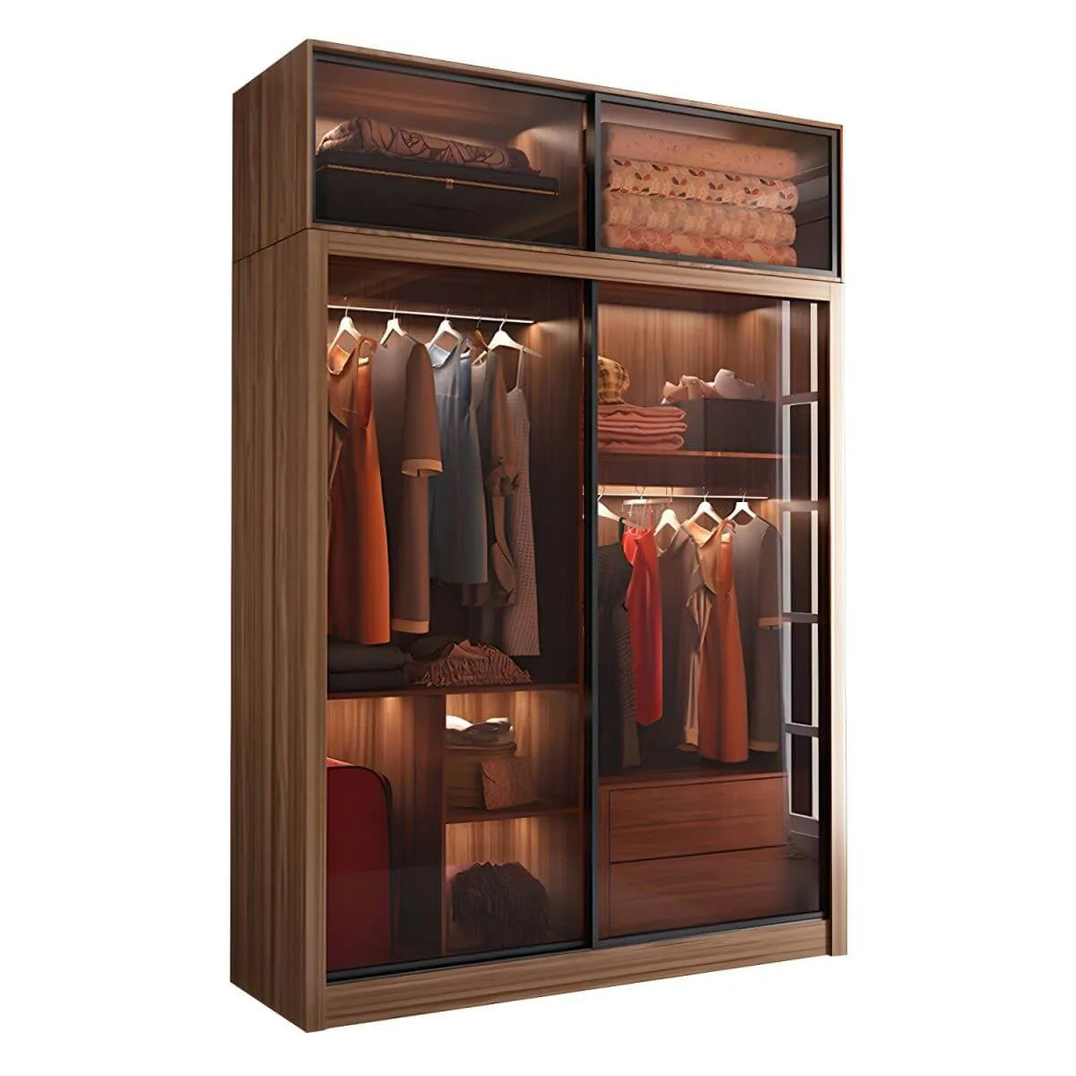 Brown Glass Wardrobe Wall With Display Shelves And Drawers