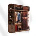 Brown Glass Wardrobe Wall With Display Shelves And Drawers