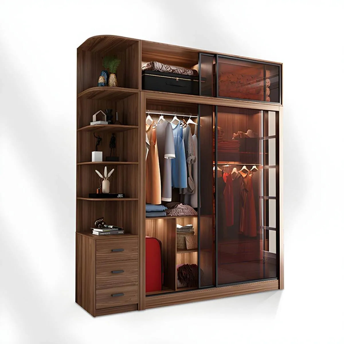 Brown Glass Wardrobe Wall With Display Shelves And Drawers