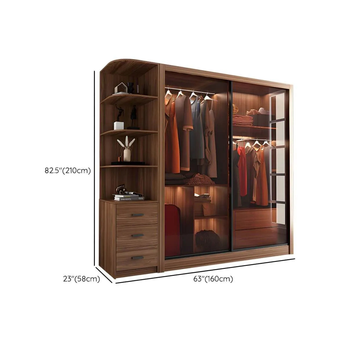 Brown Glass Wardrobe Wall With Display Shelves And Drawers Dimensions